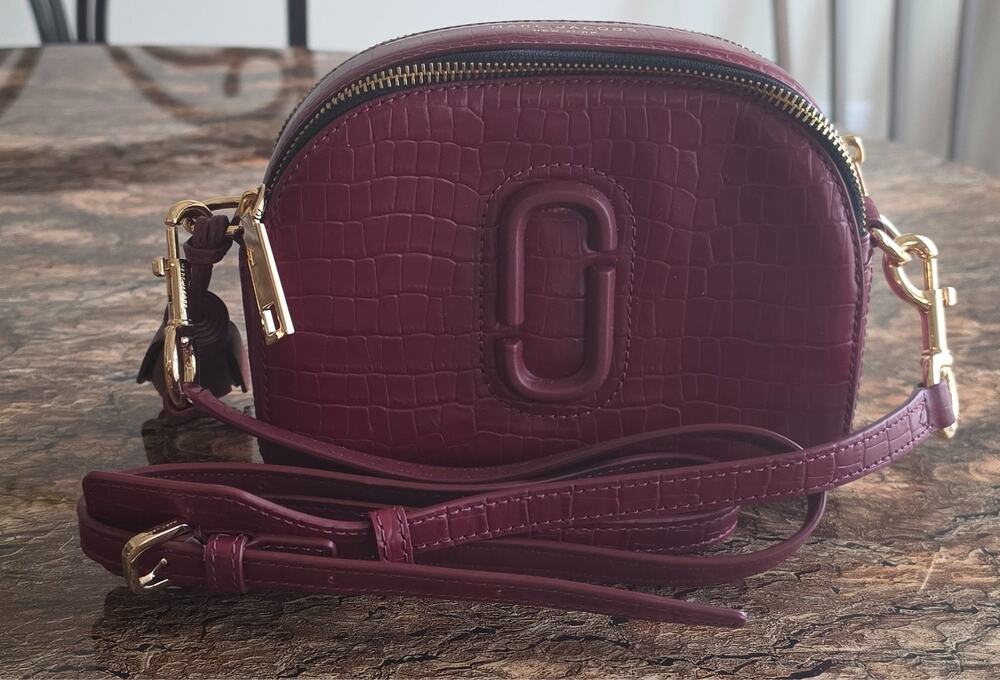 Marc Jacobs Shutter Croc Embossed Leather Camera Bag Burgundy Crossbody